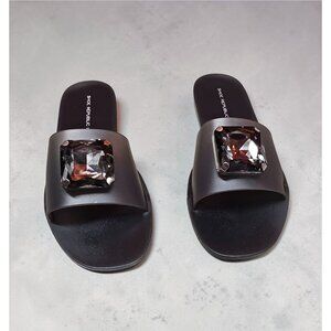 Black Slides With Oversized Gemstone Embellishment